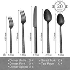 KINGSTONE 20 Pcs Black Hammered Silverware Set for 4, 18/10 Stainless Steel Heavy Duty Flatware Set, Tableware Cutlery Utensil Sets for Home Restaurant Dishwasher Safe