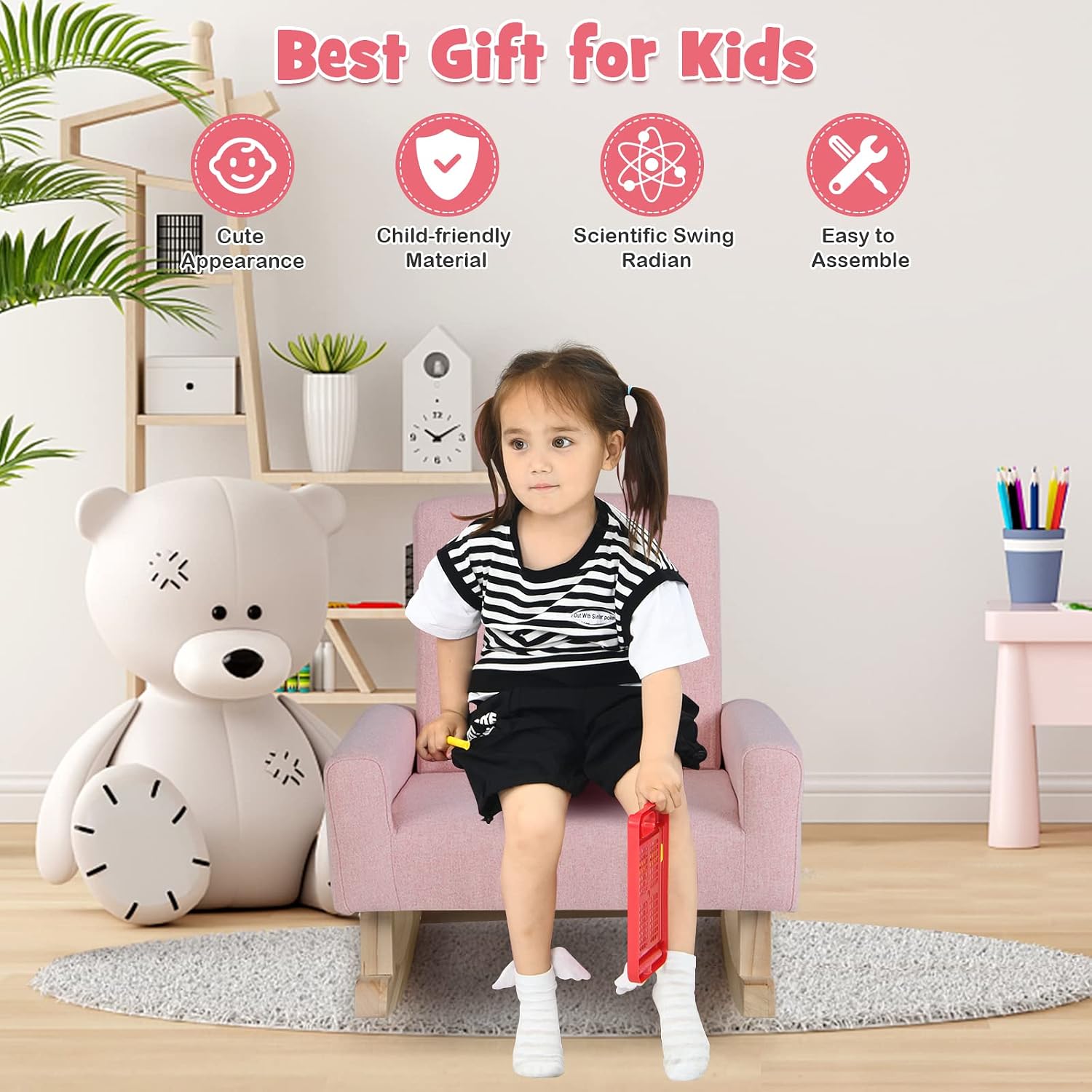 Toddler Rocking Chair, Kids Sofa Chair with Solid Wooden Frame and Linen Fabric, Kids Rocking Chair for Nursery, Living Room, Bedroom, Playroom, Age 3-5 Years, Pink/Blue