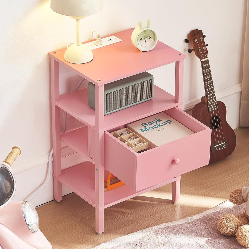 Lerliuo Nightstand with Charging Station and USB Ports, 3-Tier Storage Pink E...
