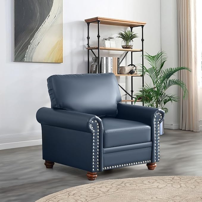 Faux Leather Accent Chair,35" W Upholstered Mid Century Modern Armchair with Rivet Rolled Arm,Deep Seat Comfy Single Sofa Chair for Living Room,Bedroom,Apartment,Office(Navy)