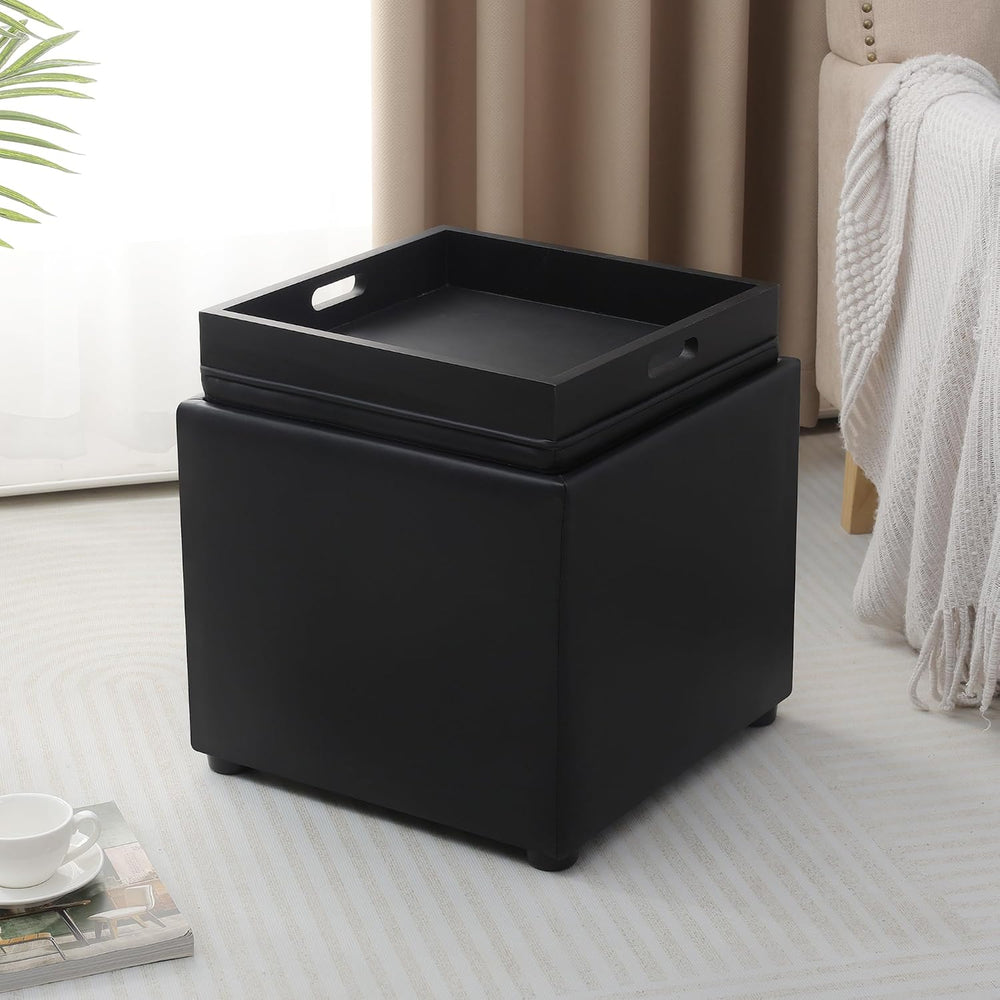 Adeco 17" Black Storage Ottoman Cube with Tray Lid, Small Footstool with...