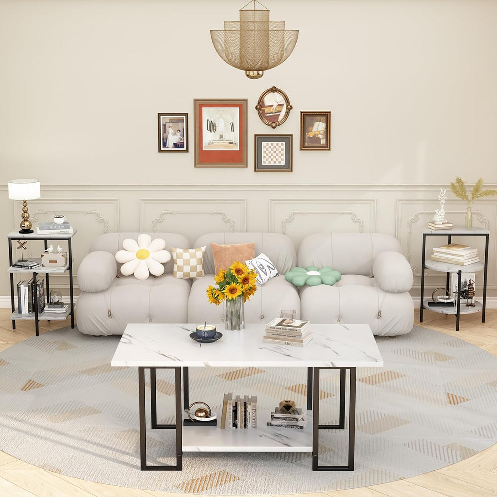 AWQM Coffee Table Set, Faux Marble Table & 2 Side Table, White & Blac...