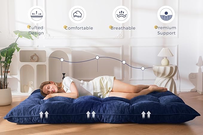 MAXYOYO Japanese Floor Mattress Full Size, 6" Foldable Futon Mattress Tufted Roll Up Floor Bed, Thick Chenille Tatami Mat Sleeping Pad for Camping Guest Room Dormitory Bedroom RV, Navy