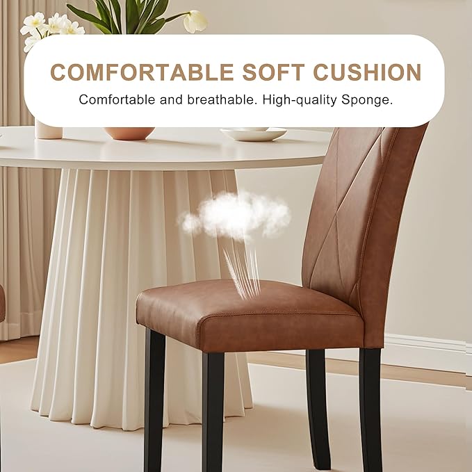 VECELO Upholstered Dining Chairs Set of 4, Modern PU Leather and Solid Wood Legs & High Back for Kitchen/Living Room- Brown