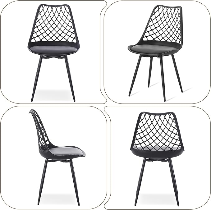 Set of 4 Modern Dining Chairs - Plastic Kitchen Shell Chairs with PU Leather Cushion Padded Seat - Mesh Design Side Chair for Indoor/Outdoor Dining Room Living Room Cafe Restaurant and Office -Black