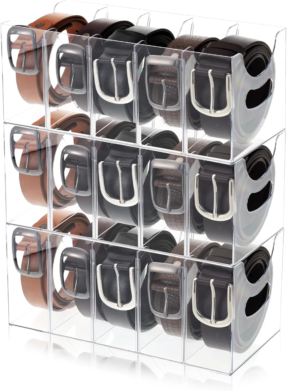 3 Pack Acrylic Belt Organizer Clear Stackable Belt Storage Holder Purse Organizer for Closet - 5 Compartments with Removable Dividers,Display Case Pantry Cabinet Organizers for Ties,Socks,Underwear