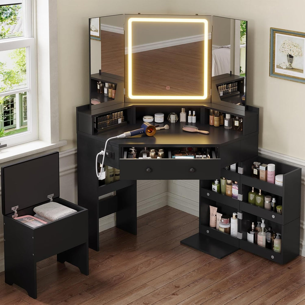 HAUOMS Corner Vanity Desk with Mirror Lights & Storage Bench, Black | Mak...