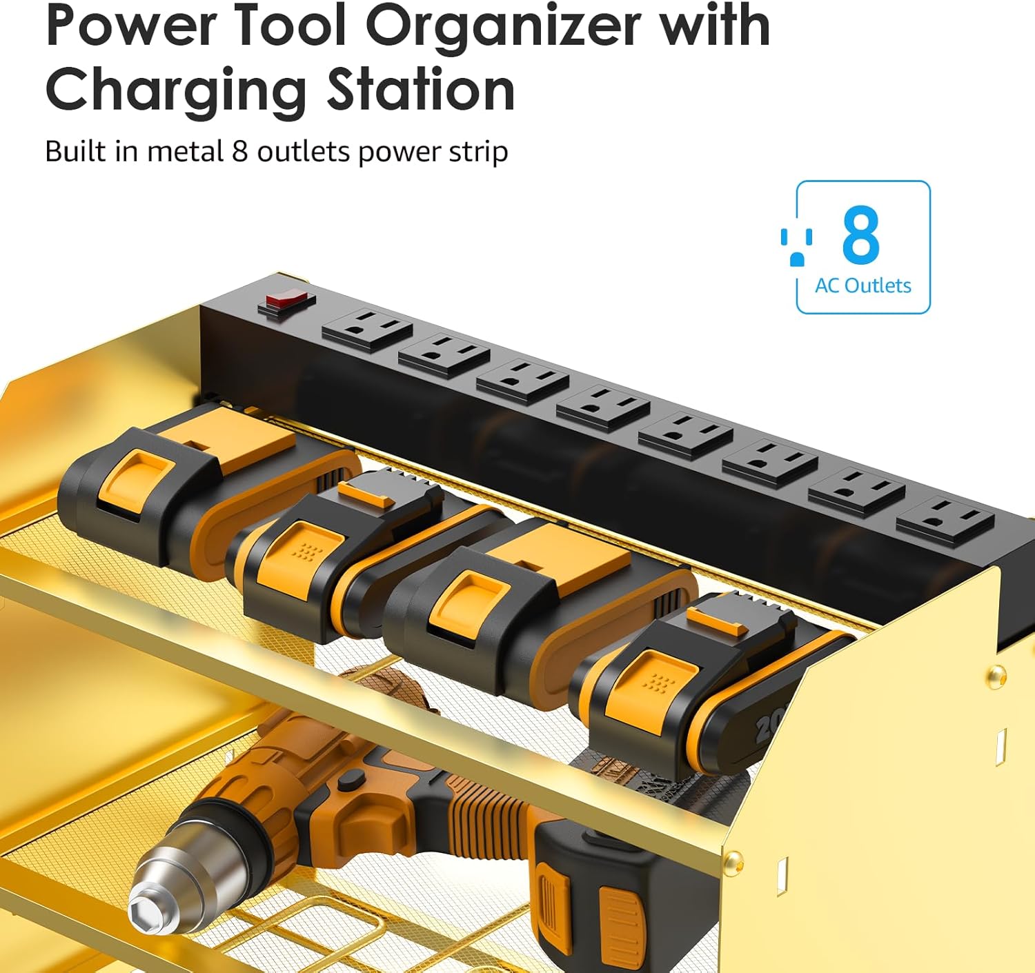 CCCEI Modular Power Tool Organizer Wall Mount with Charging Station. Garage Drill Storage Shelf with Hooks, Heavy Duty Rack, Tool Battery Holder Built in 8 Outlet. Gift for Men. Glod, 1 Pack.