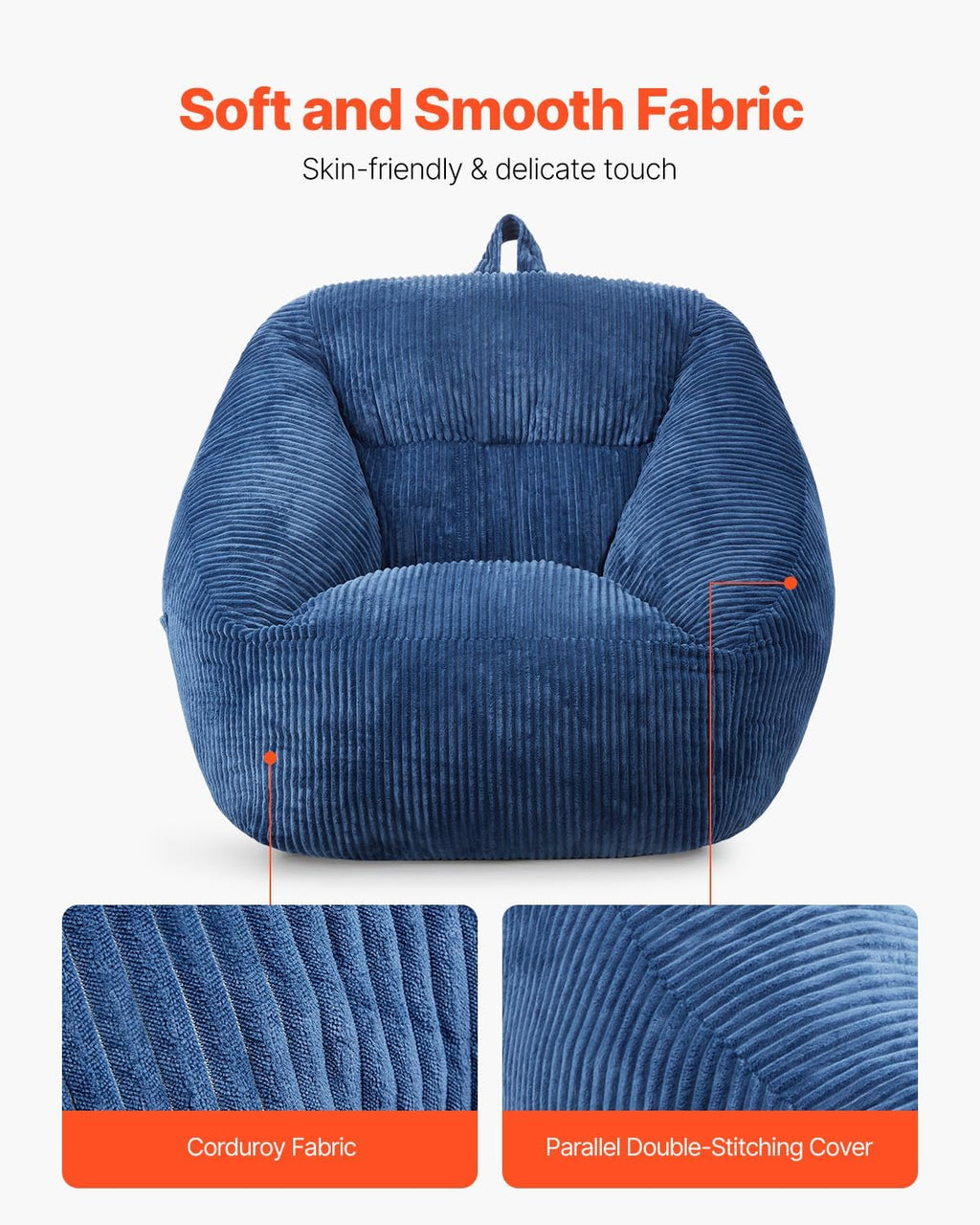 VEVOR Bean Bag Chair, 3 feet Bean Bag Chair with Soft Armrests and Storage Pocket, 25D Memory Foam Filled with Soft Teddy Velvet Cover, Bean Bag for Bedroom or Playroom, Blue