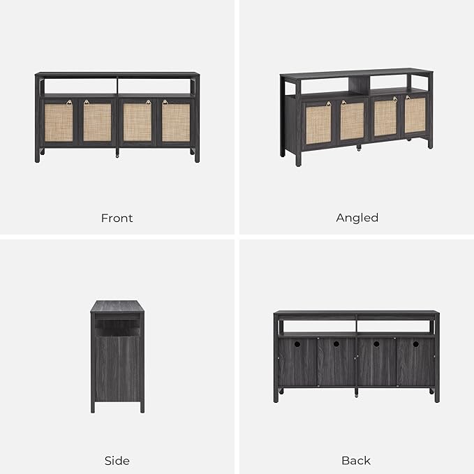 SICOTAS Rattan TV Stand for Television up to 65 Inch - 29.5" Tall Entertainment Center with Storage and Open Shelves,Boho Credenza TV Console Cabinet with 4-Doors and Adjustable Shelf for Living Room