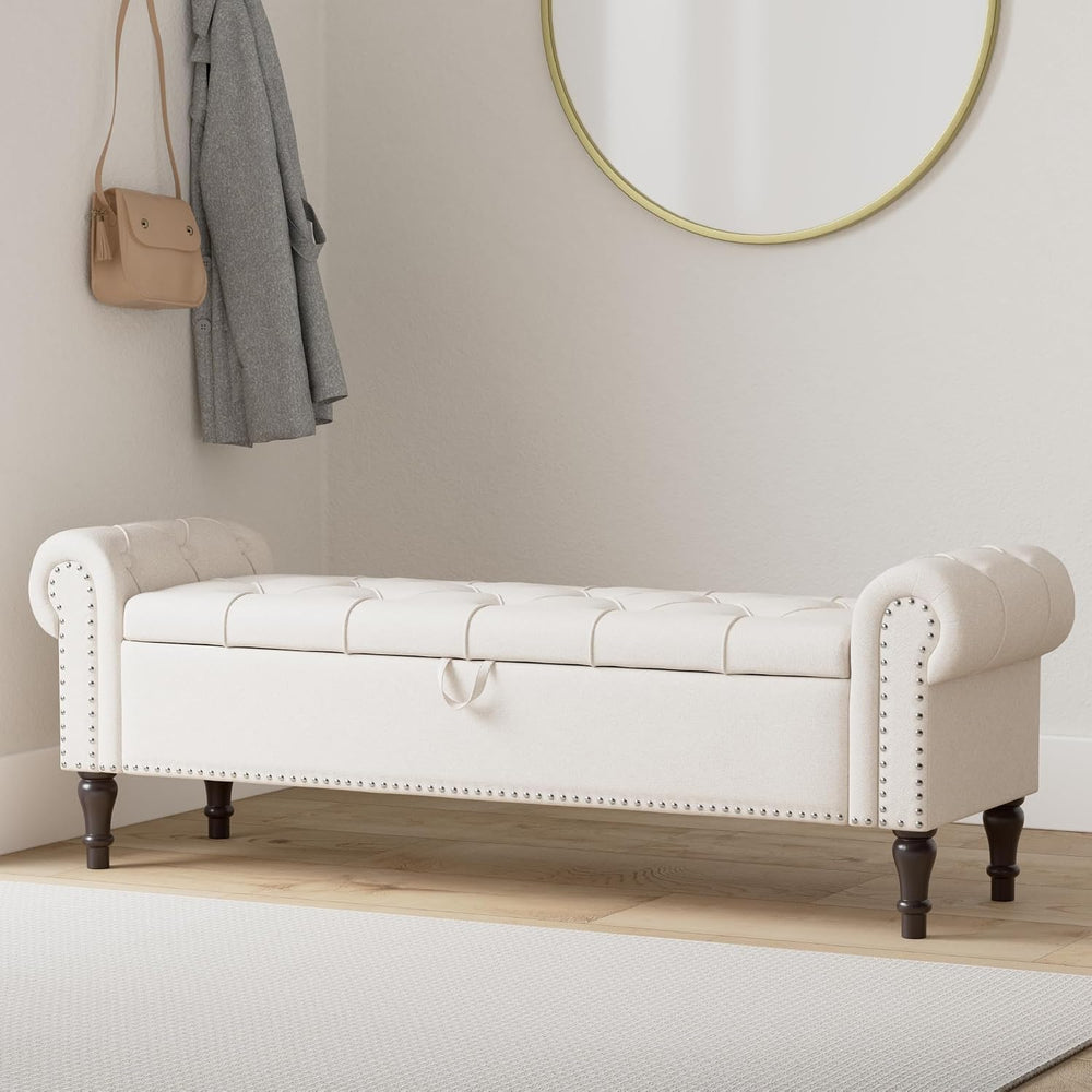 Cozyman Storage Bench Ottoman, 61" King Linen Rolled Arm Bedroom End of ...