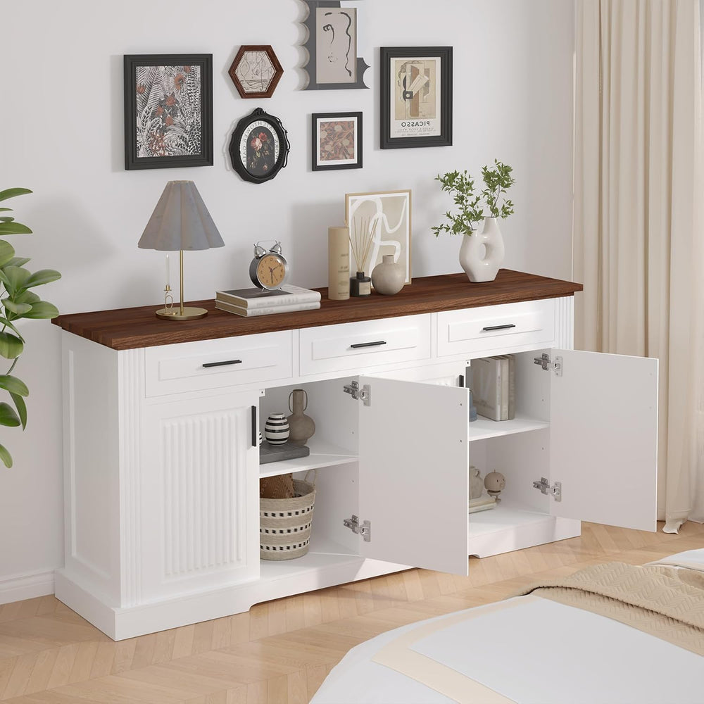 Modern Freestanding Storage Cabinet with Drawers Shelves and Countertop, Buff...