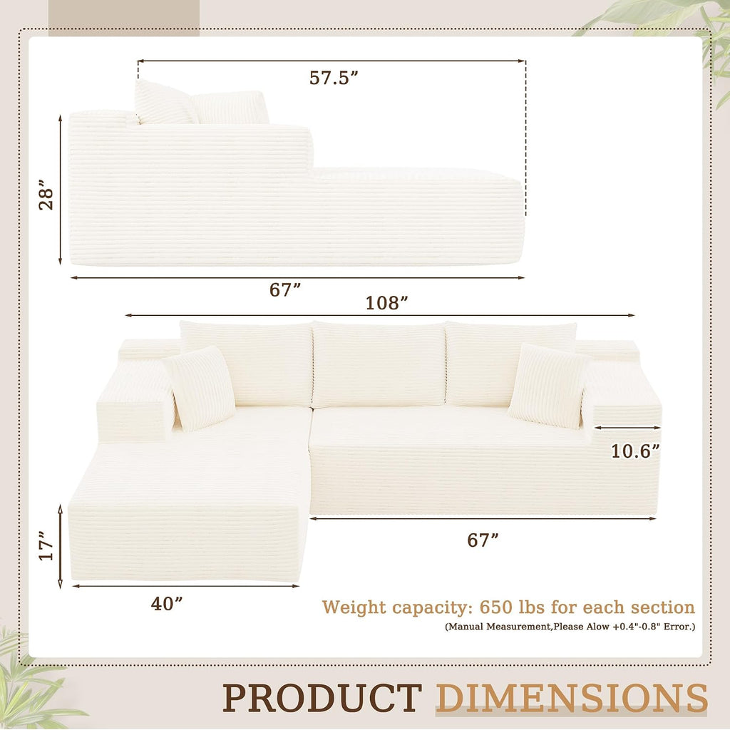 YESHOMY Boneless Couches for Living Room, 108" Sectional Modular Sectional Sofa with Deep Seat, Cloud Comfy Couch with L-Shape Chaise, Easy Assembly (Corduroy, Cream)