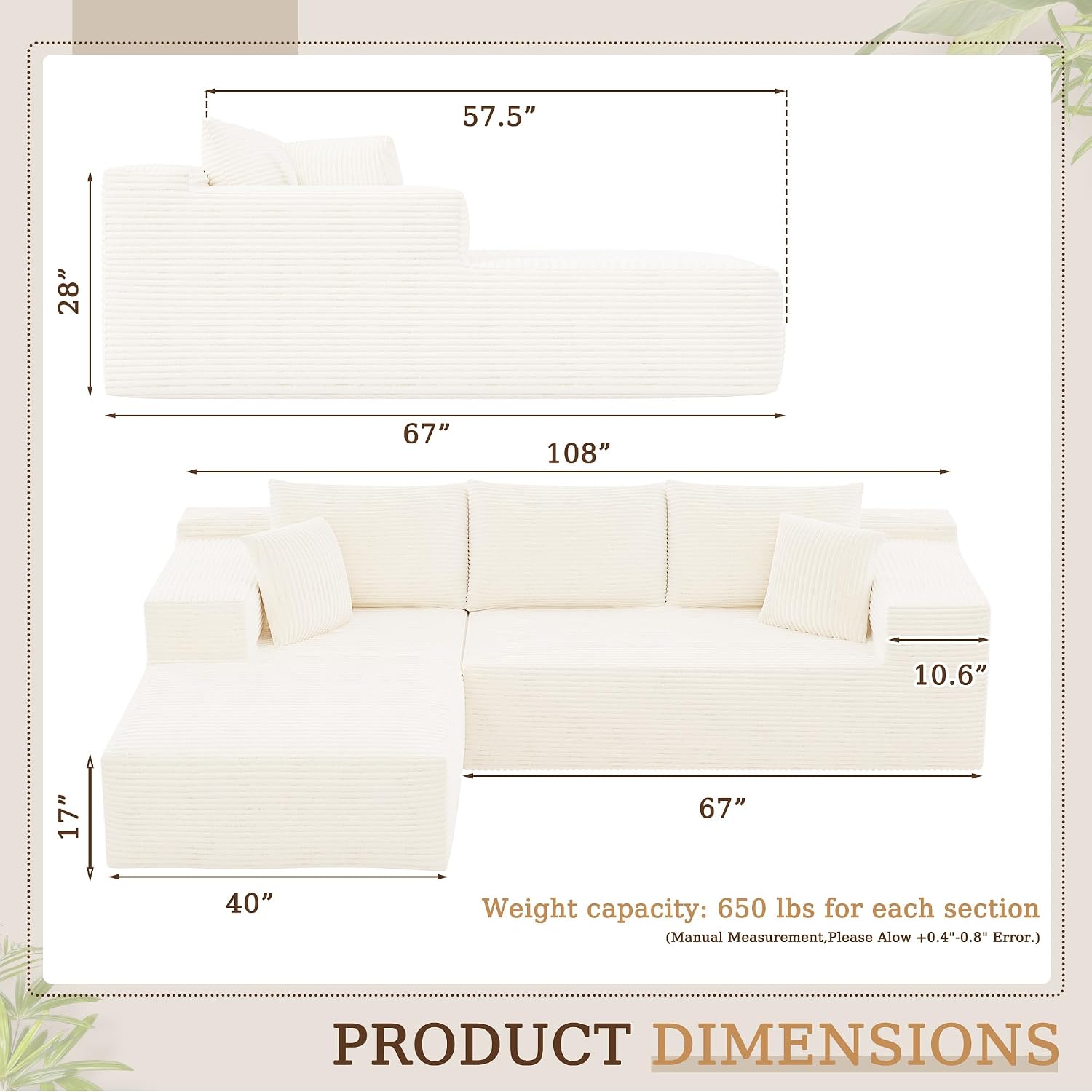 YESHOMY Boneless Couches for Living Room, 108" Sectional Modular Sectional Sofa with Deep Seat, Cloud Comfy Couch with L-Shape Chaise, Easy Assembly (Corduroy, Cream)
