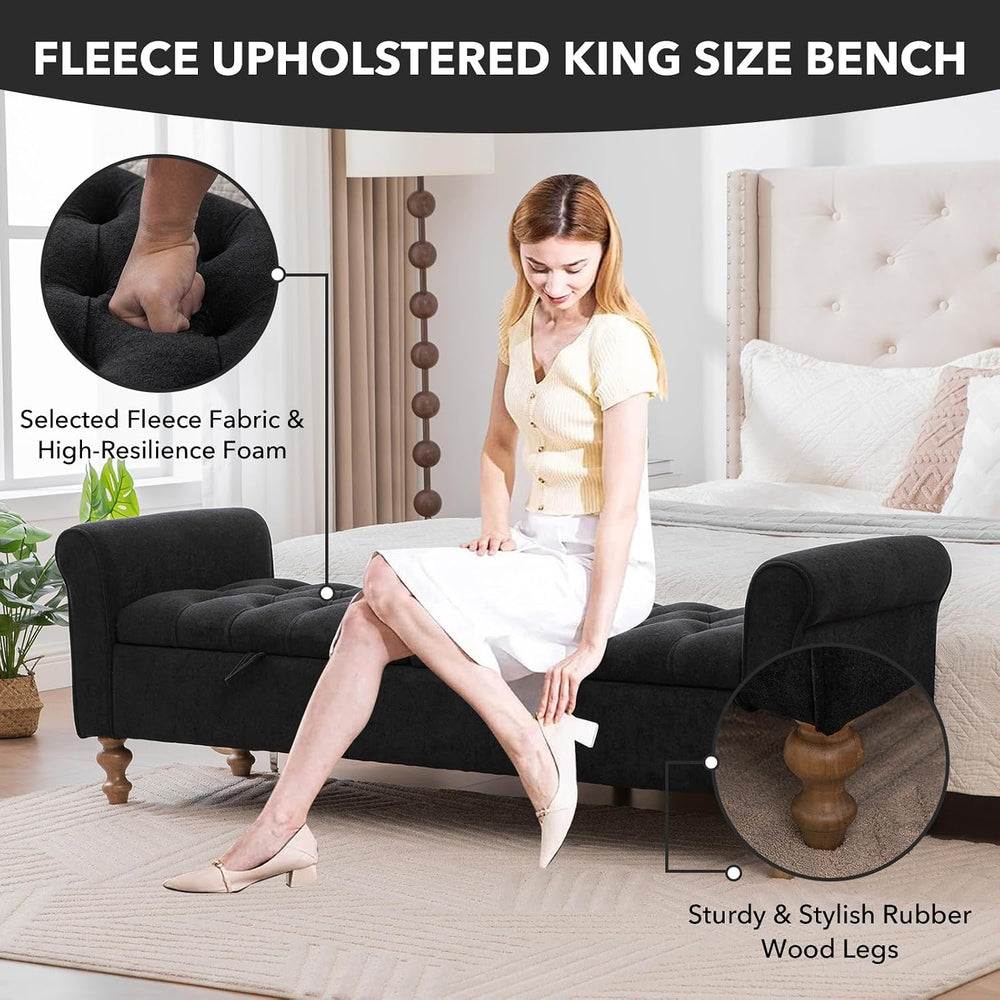 65" Oversize Storage Ottoman Bench, Fleece Upholstered End of Bed Benche...