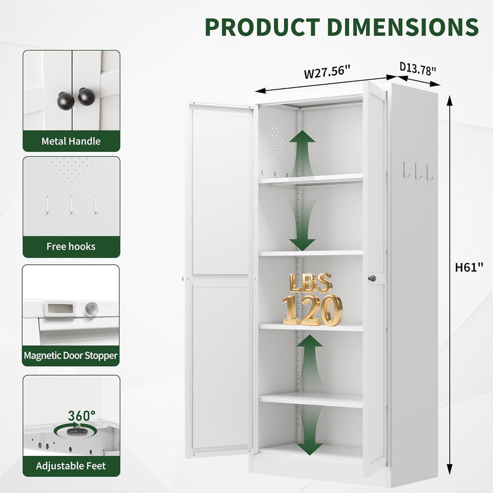Kitchen Pantry Cabinet,White Metal Pantry Cabinet with 2 Doors & 4 Adjust...