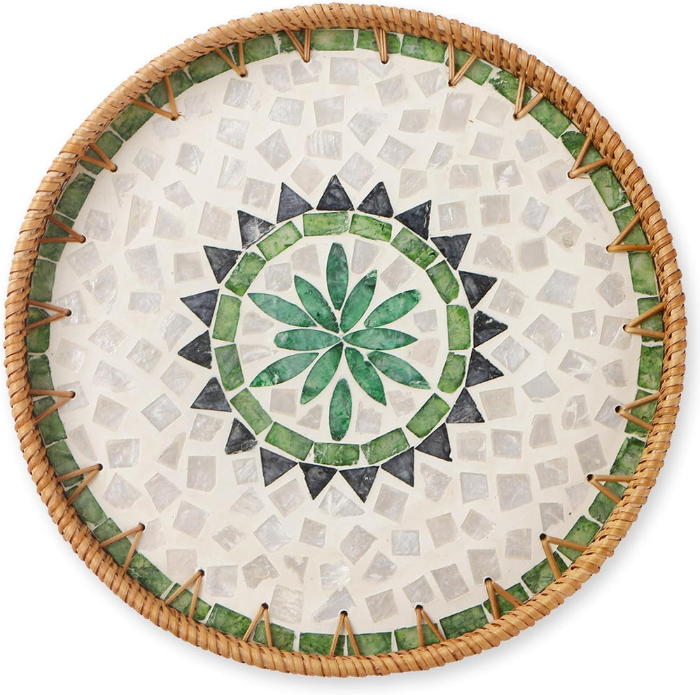 Round Rattan Tray with Mother of Pearl Inlay, Wooden Base