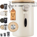 Veken Coffee Canister, 39OZ Large, Airtight Stainless Steel Food Storage Container for 2.2lbs Coffee Beans, Ground, Sugar, Tea, Flour, Cereal, Kitchen Bar Accessories with Date Tracker & Scoop, Cream