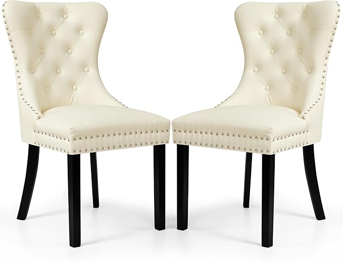 SyMax Dining Chairs Set of 2, Faux Leather Parson Dining Room Chairs, High-End Tufted Kitchen Side Chairs for Bedroom, Living Room, White