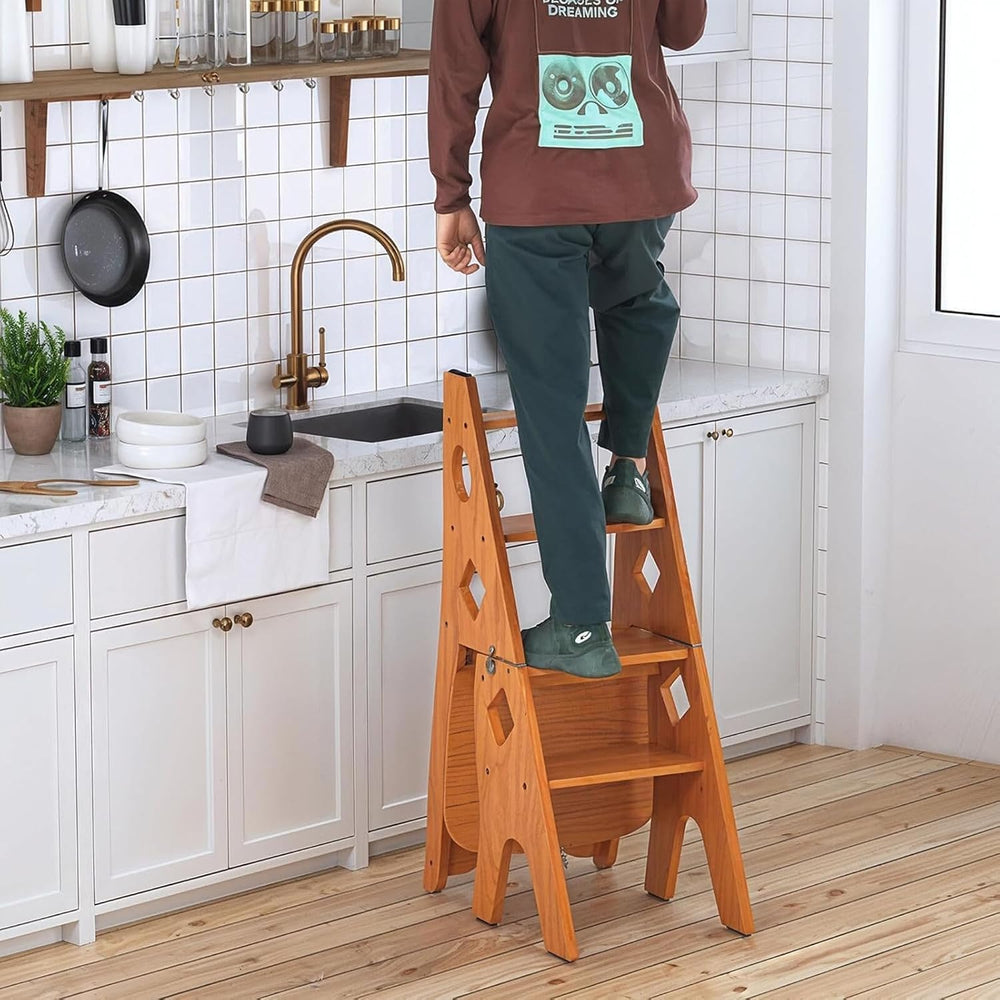 4 Step Wooden Folding Library Ladder Chair with Seat, Multifunctional Step St...