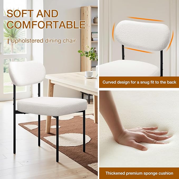 HOMMPA Dining Chairs Set of 4 Boucle Upholstered Kitchen Chairs with Curved Backrest Modern Dinner Chair with Metal Legs for Dining Room Living Room Vanity White