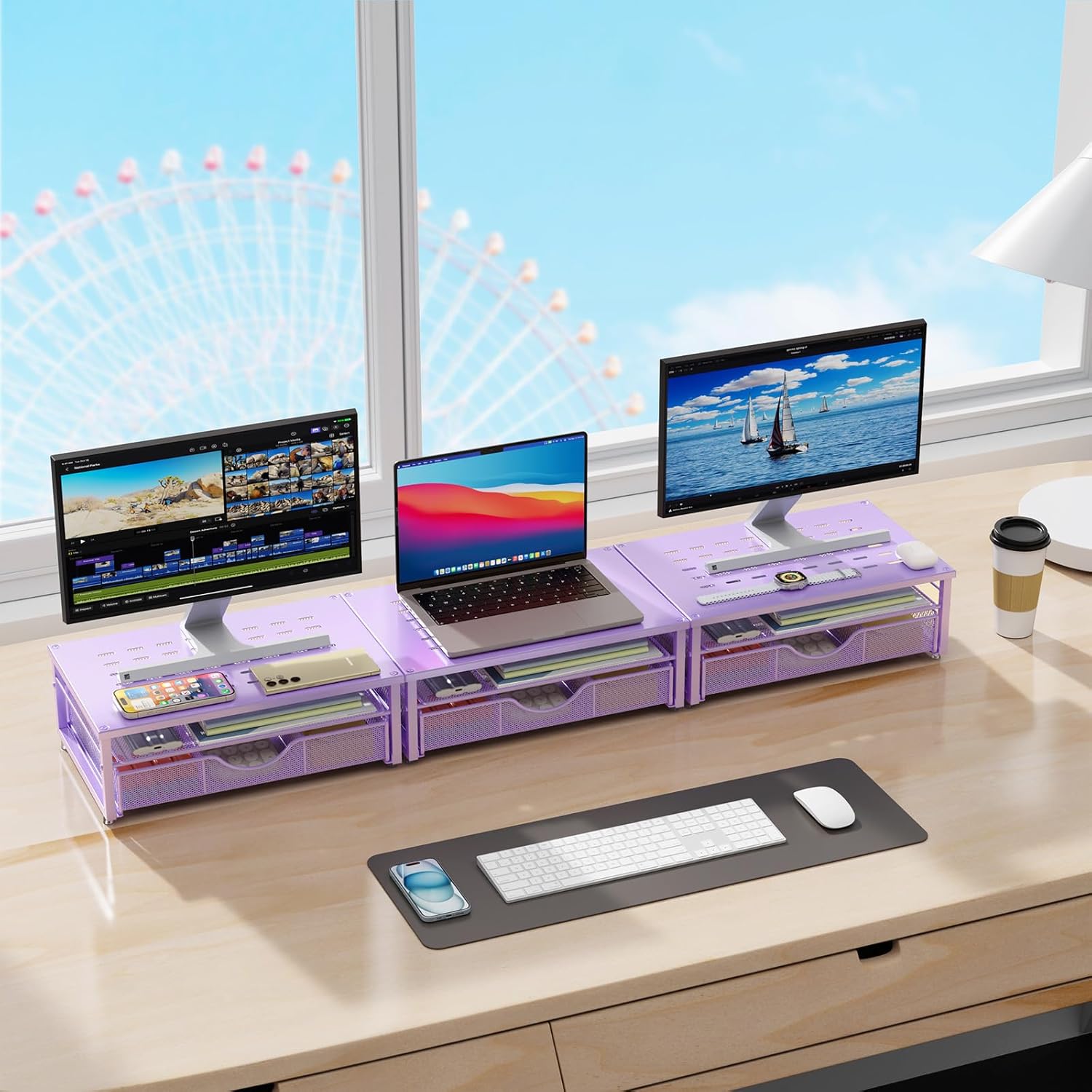 gianotter Computer Monitor Stand Riser, office organizer with Drawer, Office Organizers Storage for Classroom Office Supplies (Purple)