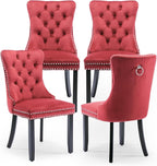 Velvet Upholstered Dining Chairs Set of 4, Modern Style Kitchen Side Chairs with Nailhead Trim and Wood Legs,Metal Pulling Ring for Dining Room Living Room(Wine Red,Set of 4)
