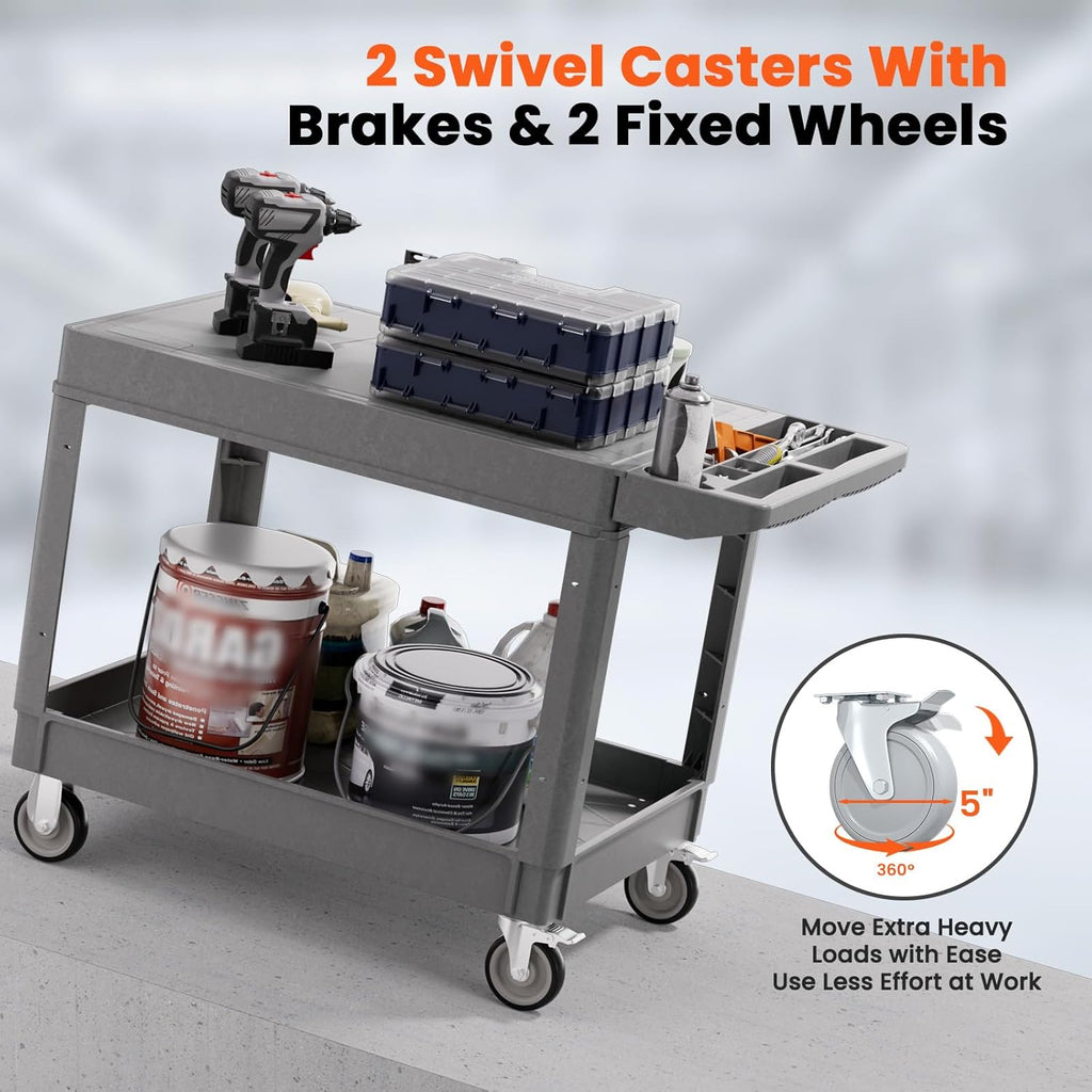 2 Tier Plastic Rolling Utility Cart on Wheels, Heavy Duty Tool Cart with Deep Shelves and 360° Swivel Wheels Holds up to 550 lbs, Service Cart for Garage, Warehouse, Cleaning (Grey-L-Flat Top)