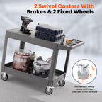 2 Tier Plastic Rolling Utility Cart on Wheels, Heavy Duty Tool Cart with Deep Shelves and 360° Swivel Wheels Holds up to 550 lbs, Service Cart for Garage, Warehouse, Cleaning (Grey-L-Flat Top)