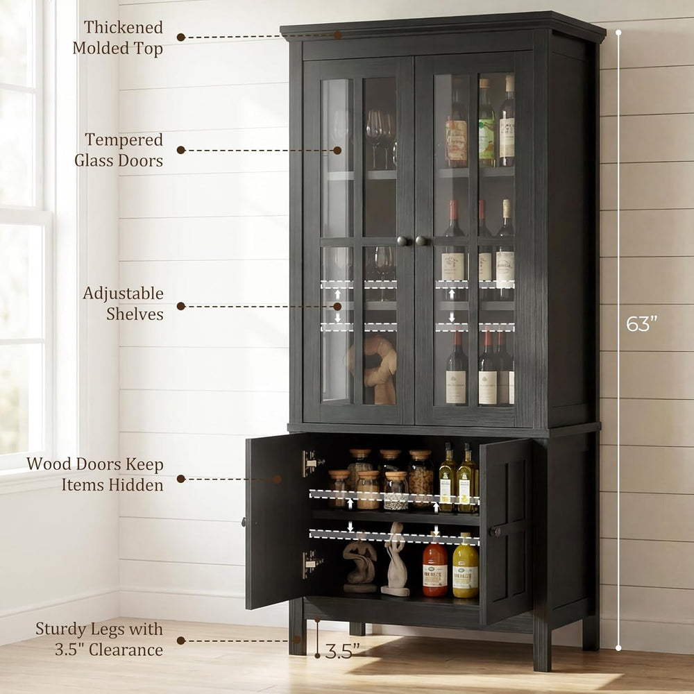 Farmhouse 63" Kitchen Pantry Storage Cabinet with Glass Doors & Hidd...
