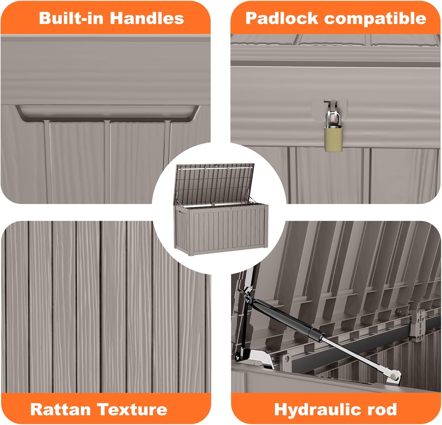 180 Gallon Resin Deck Box, Lockable Patio Outdoor Storage Box for Furniture, Garden Tools and Tools Storage, Waterproof Outside Storage Boxes - Grey