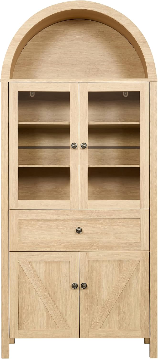 Retro Curved Cabinet, Arched Bookcase with Glass Doors, Natural Wood Display ...