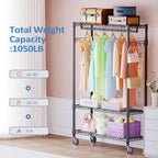 IZEUK 3 Tier Heavy Duty Rolling Garment Rack Wire Clothes Rack for Hanging Clothes, Metal Freestanding Closet Wardrobe Rack with 1 Rods and Wheels Black 15.7" D x 45.3" W x 75.6" H
