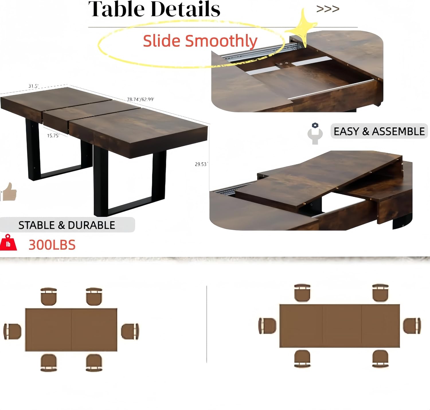63"-79" Expandable Dining Table Set for 8, Wood Rectangle Dining Table and 8 Brown Faux Suede Chairs, Suitable for Home,Kitchen Dining Room,Farmhouse