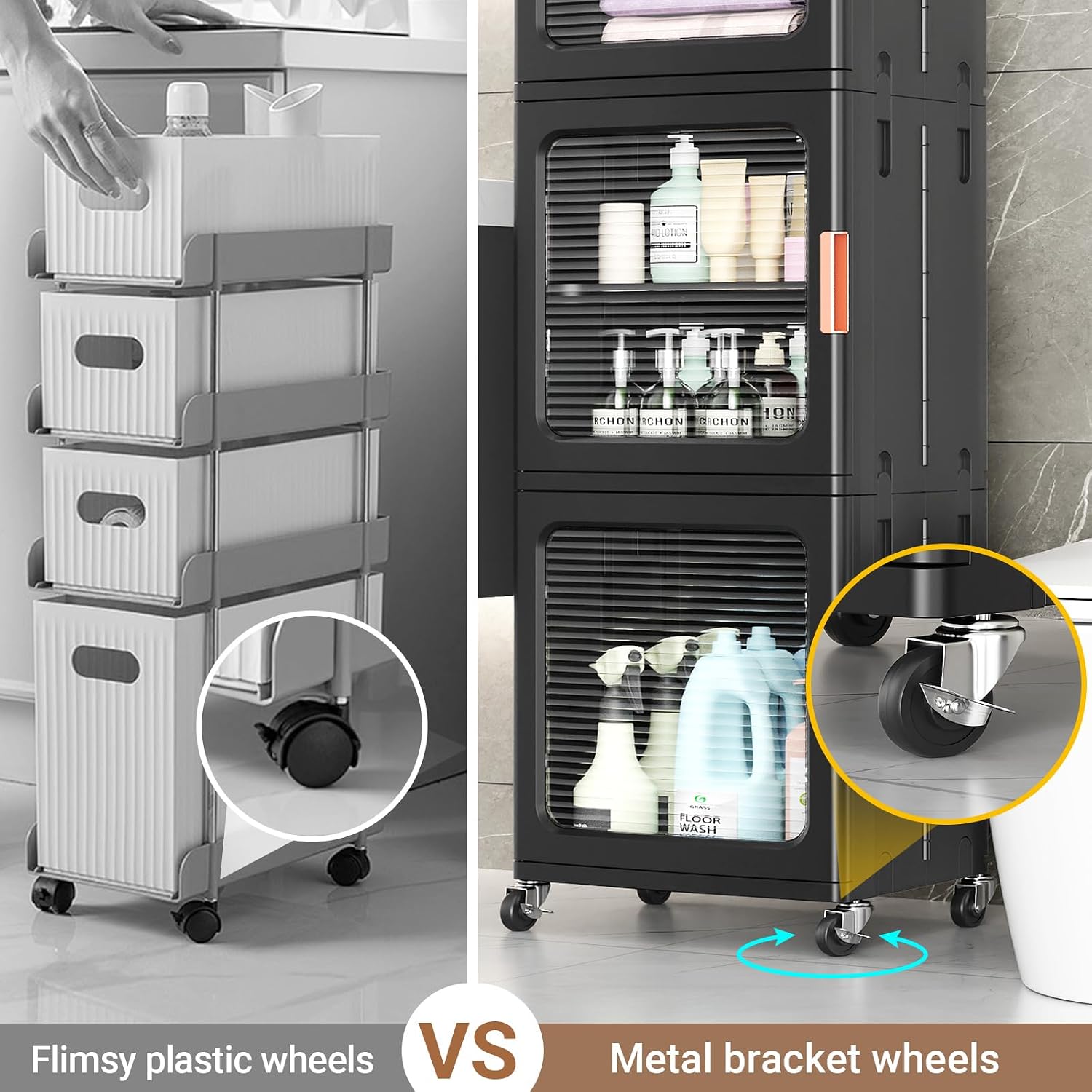 BROVIEW 4-Tier Tall Narrow Storage Cabinet 14.6” Wide, Slim Bathroom Cabinets with Adjustable Shelves and Doors, Plastic Kitchen Pantry Organizers and Storages for Small Space, Laundry, Black