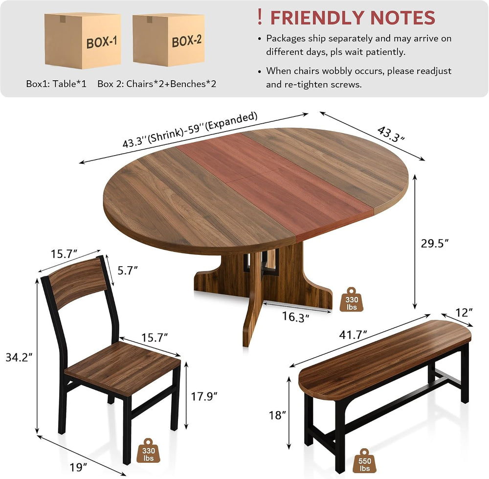 iPormis 5-Piece Round Dining Table Set for 4-6, 59" Extendable Dining Ro...