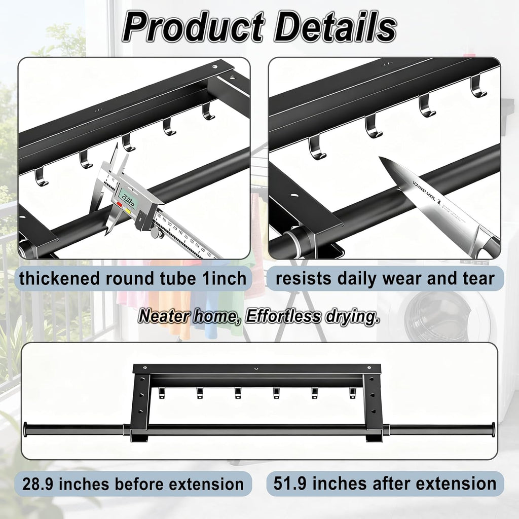 2 Pcs Clothes Drying Rack, Laundry Drying Rack with Wall-Mount Foldable Space Saving Design, Indoor Folding Clothes Horse for Small Spaces with Retractable Rods, Black