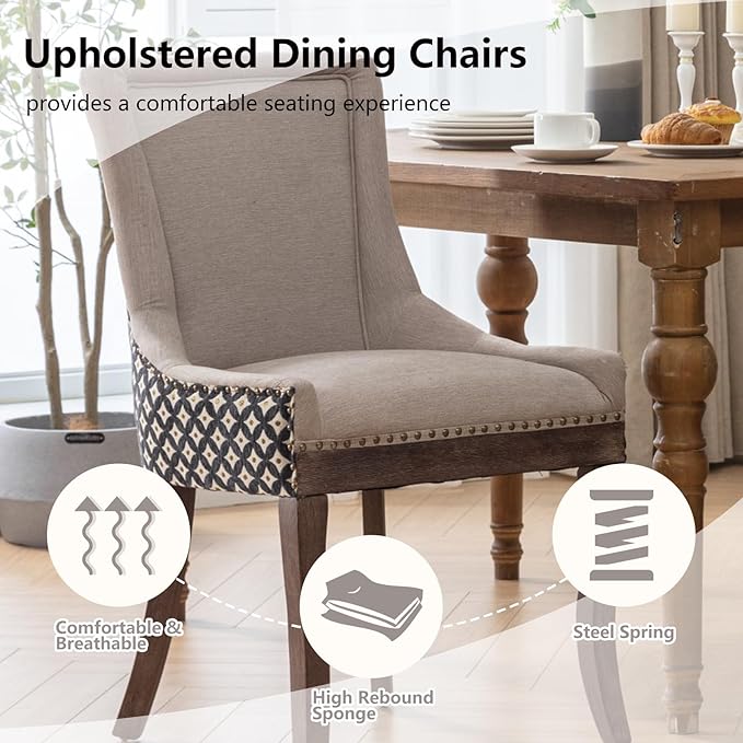 Modern Dining Chairs Set of 2, High Back Dining Chairs Side Chairs with Solid Wood Legs, Upholstered Fabric Dining Room Chairs for Dining Room Kitchen, Beige and Patterned