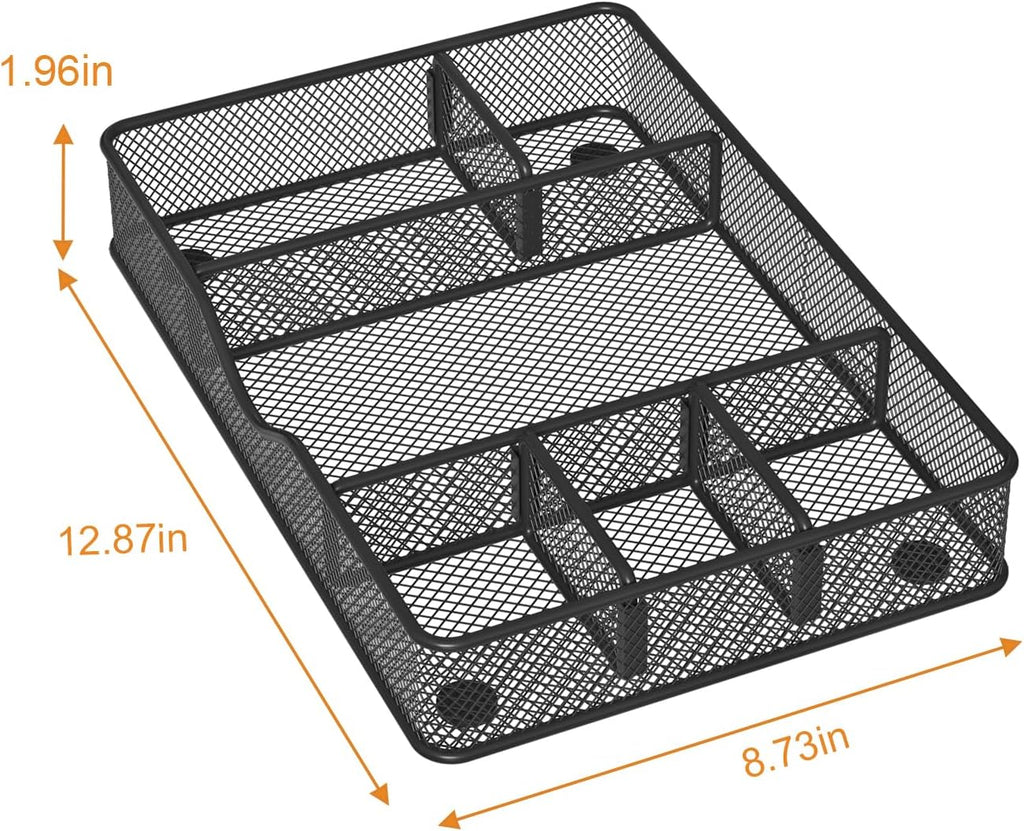 Desk Drawer Organizer Tray, Metal Mesh Drawer Organizer for Office & Home, 6 Adjustable Compartments, Black, 2 Pack - 12.87x8.73x1.96 inch