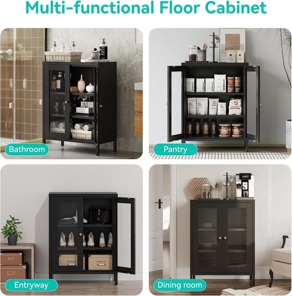 Small Metal Cabinet with Glass Doors,Display Storage Cabinet with 2 Adjustabl...