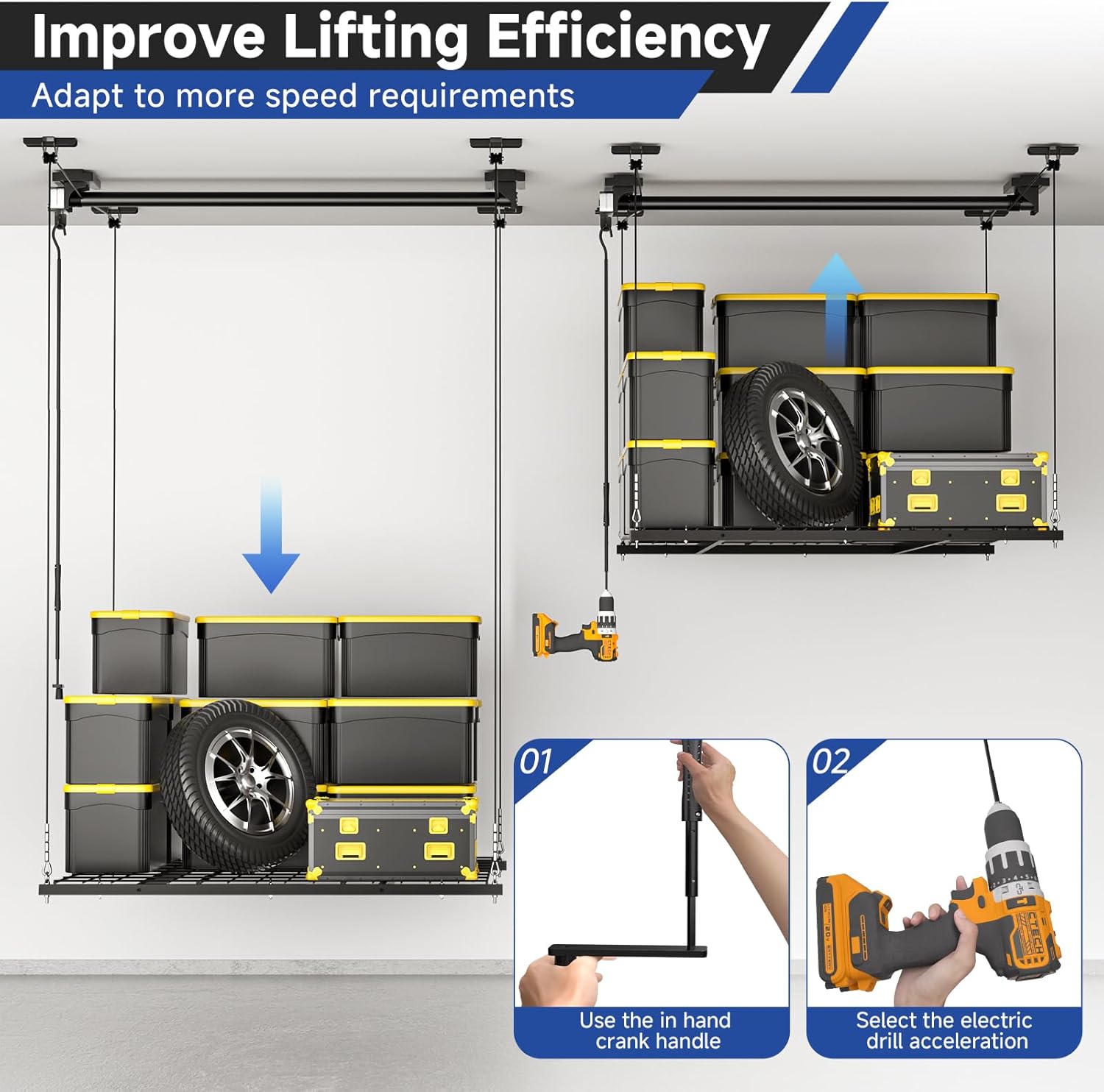 GADFISH Garage Ceiling Lift Storage Rack, Easy Lifting 85" Height 4x4 Ft Overhead Garage Storage Rack for Space Saving with Safety Lock, Suitable for 16"/24" Ceiling, 350LBS Capacity