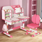 Kids Desk and Chair Set, Study Table and Chair, Desk for Kids, Children's Desks with Golden Distance Design, Homeschooling Writing Desk with Desktop for Boys and Girls (Pink 3)