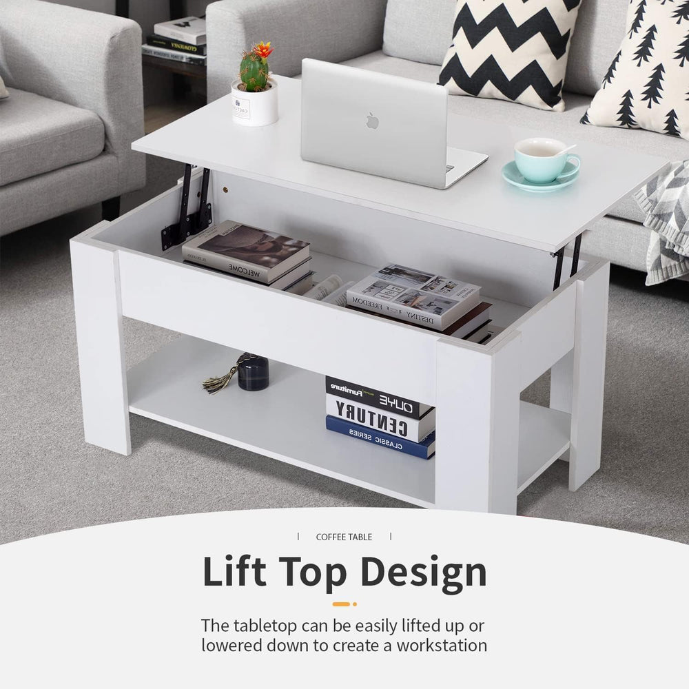 FDW | 39" Lift Top Coffee Table | White | with Hidden Storage