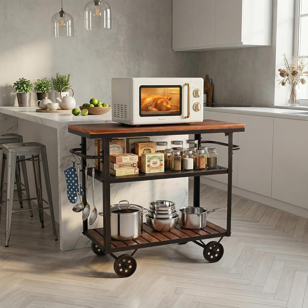 Farmhouse Mobile Cart with Wheels for Home Kitchen Industrial Rolling Food Ca...