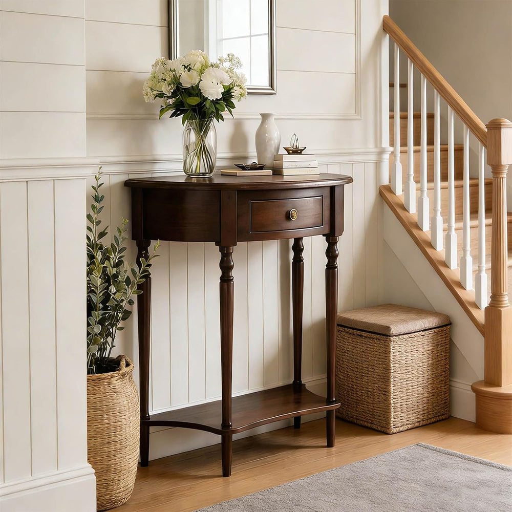 Half Moon Console Table Solid Wood Vintage Entryway Table with Storage Drawer...