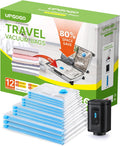 Combo 12 Pack Travel Vacuum Bags with Portable Electric Pump, Space Saver Vacuum Storage Bags for Clothing and Luggage, Travel Essentials