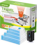 Combo 12 Pack Travel Vacuum Bags with Portable Electric Pump, Space Saver Vacuum Storage Bags for Clothing and Luggage, Travel Essentials