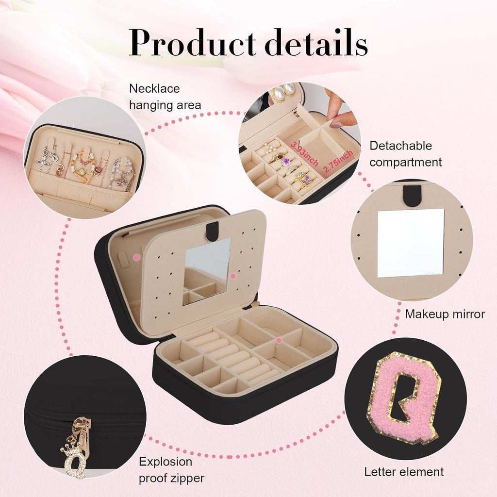 TopPerfekt Travel Jewelry Case, Jewelry Box with Mirror, Jewelry Organizer Bridal Shower Gifts to Her, Earring Storage Travel Case, Trendy Gift for Women and Girls, Girlfriend-Letter Q, Black