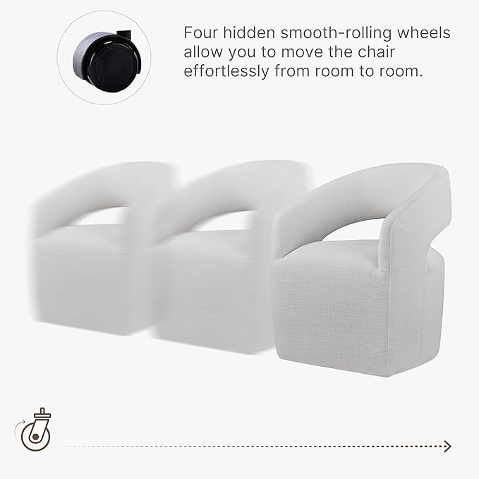 Upholstered Dining Chairs with Casters, No Assembly Modern Barrel Armchair with Rollers for Dining Room, Bedroom, Living Room, Reading Room, Home Office, Set of 4, Light Grey