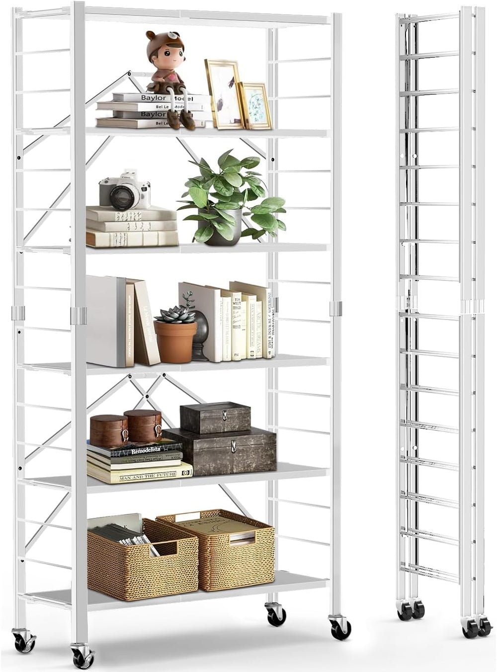 6-Tier Foldable Storage Shelves Expandable Shelf Wheels White 2-in-1